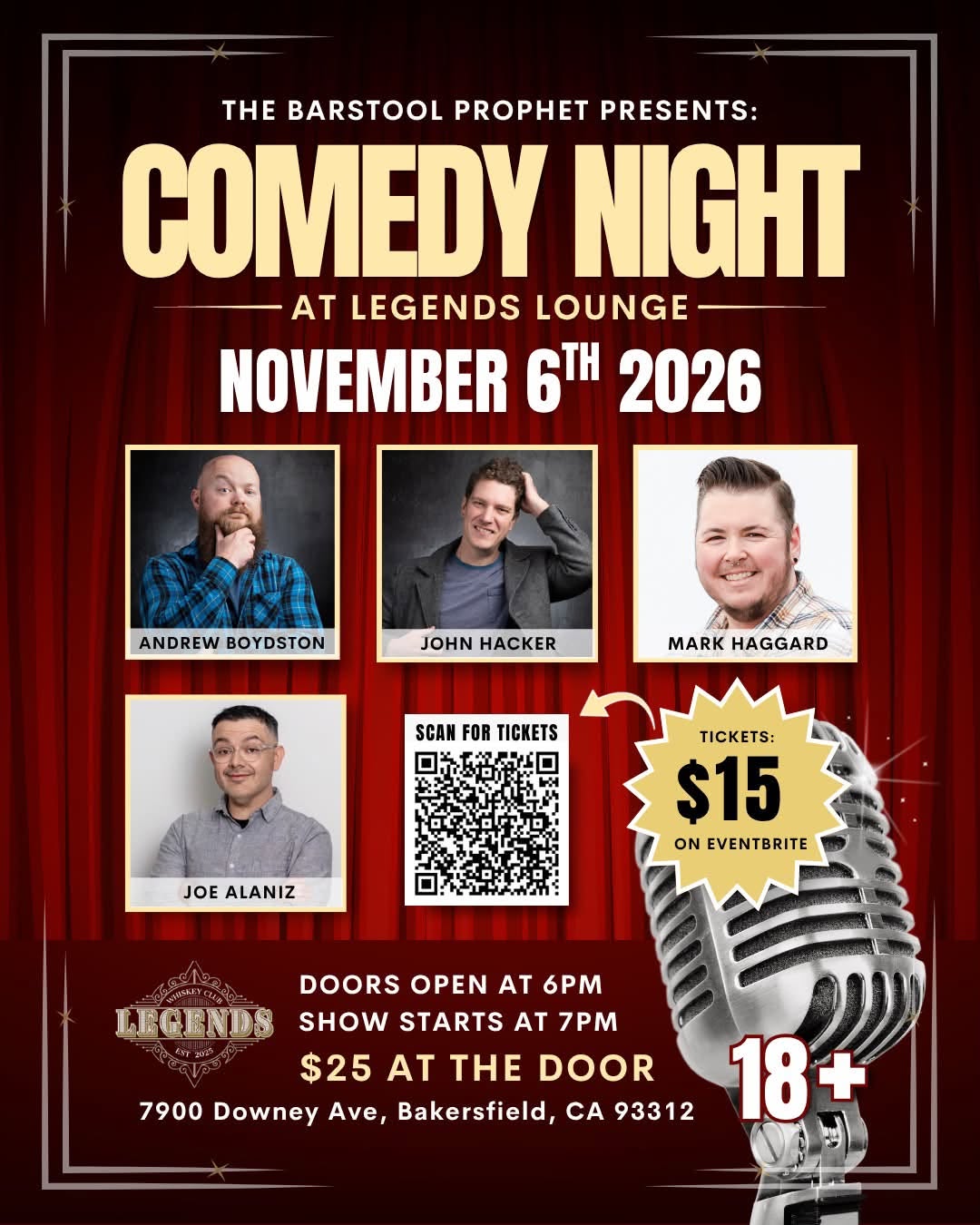 Comedy Night at Legends Lounge flyer featuring Andrew Boydston, John Hacker, Mark Haggard, and Joe Alaniz